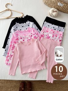 SHEIN LMoss Kids Baby Girl Knit Solid Color Polka Dot Striped Heart Pattern Ruffle Trim T-Shirt And Long Pants 10pcs -Piece Set - Multicolor - View 5