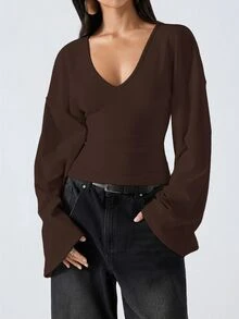 LYSMO 95% Cotton Bell Sleeve Women's Top, Solid Brown, Suitable For Spring And Autumn - Brown - View 5