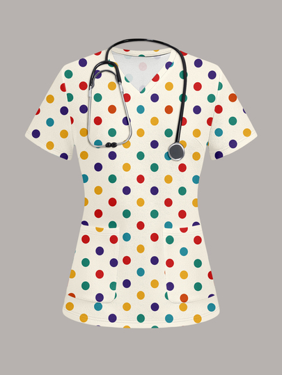 PopScrub Women's Fun Colorful Polka Dot Print Pocket Scrub Uniform Top