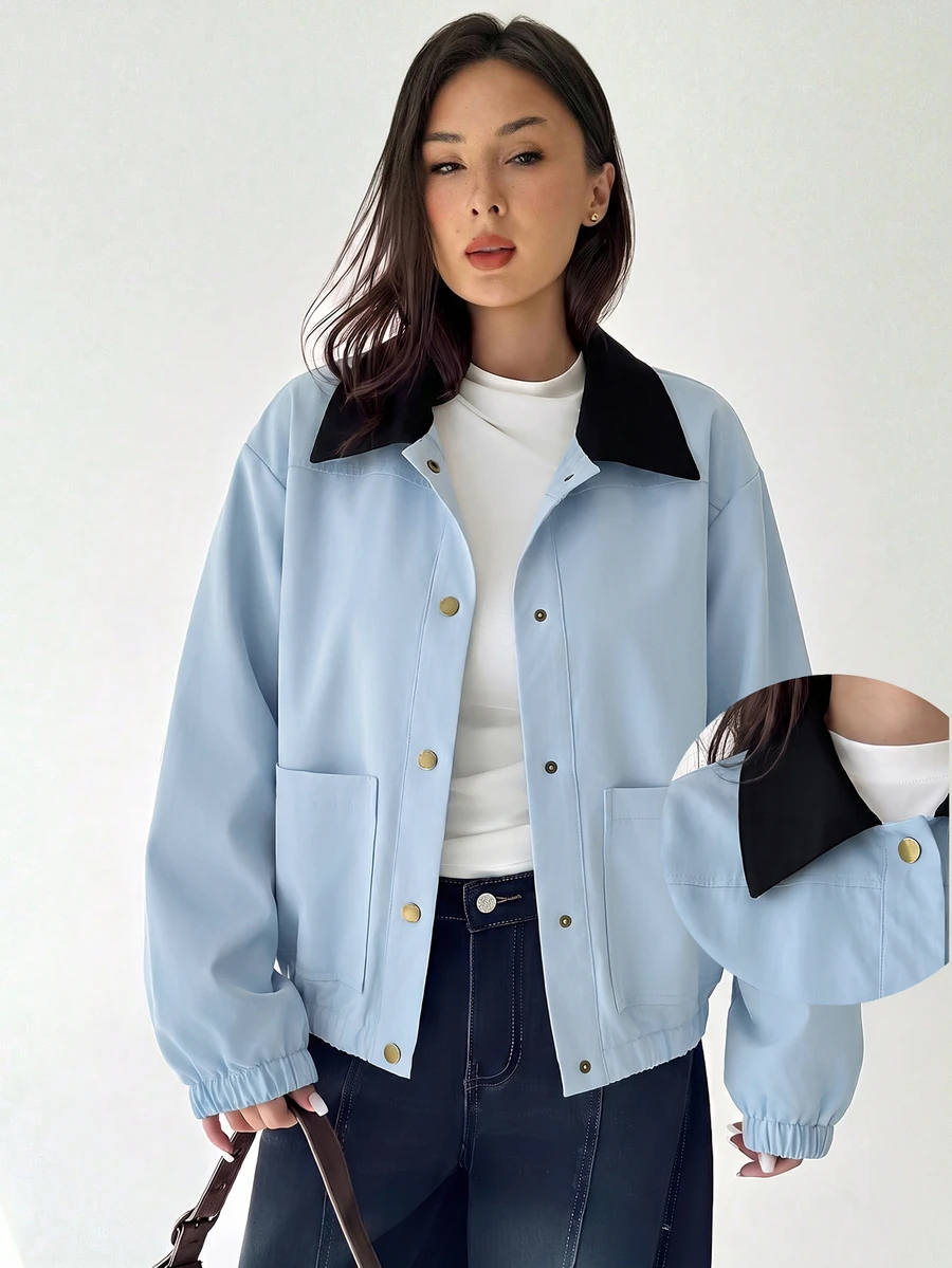 Aloruh Women's Solid Color Long Sleeve Single-Breasted Casual Jacket - Baby Blue - View 1