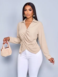 SOLERSUN Women's Lapel V-Neck Wrap Blouse Long Sleeve Ruched Side Tie Draped Shirt,Drawstring Ruched Waist ShirtElegant Casual Office Work Tops - Apricot - View 6