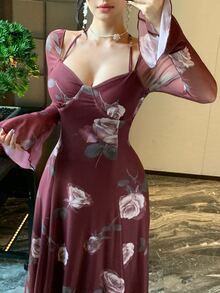 DAZY Women's Floral Print Sweetheart Neck Halter Flared Sleeve Elegant Dress - Burgundy - View 5