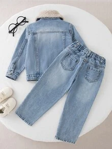 Boys INS Style Washed Blue Denim 2pcs Set, Korean Fashion Lamb Fleece Lapel Jacket With Elastic Waist Long Pants Outfit - Light Wash - View 2