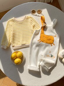SHEIN 中性新生兒男嬰 2件組秋冬保暖內裡加厚可愛長頸鹿吊帶褲與運動衫套裝，嬰兒冬季服飾套裝，聖誕 - 黃色 - 查看 1