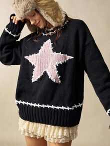 Bohemela Plus Size Korean Style Sweet Long Sleeve Jacquard Pullover Sweater - Black - View 7