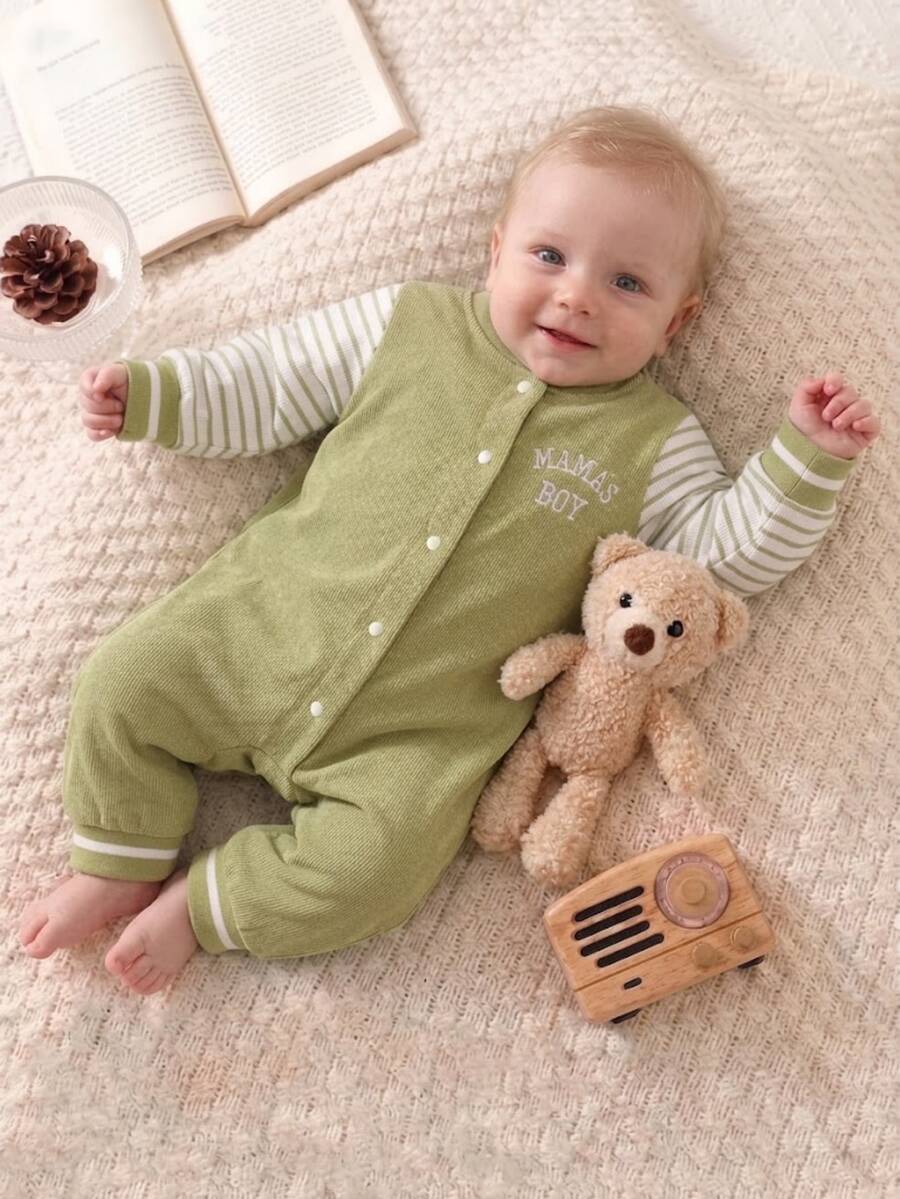 Souflis Souflis Newborn Unisex Baby Romper, Autumn/Winter, Snap Front, Long Sleeve, Cute Striped Embroidered Letter Design - Green - View 1