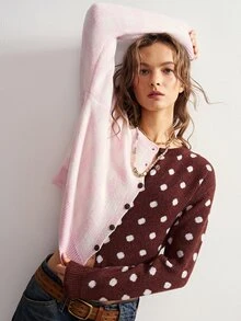 Bohemela Women's Patchwork Polka Dot Long Sleeve Single-Breasted Knit Cardigan - Pink - View 2