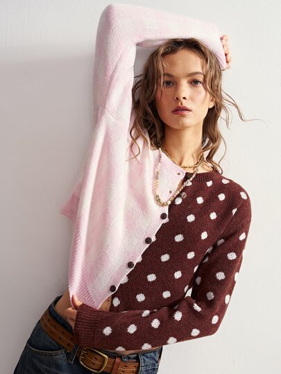 Bohemela Women's Patchwork Polka Dot Long Sleeve Single-Breasted Knit Cardigan