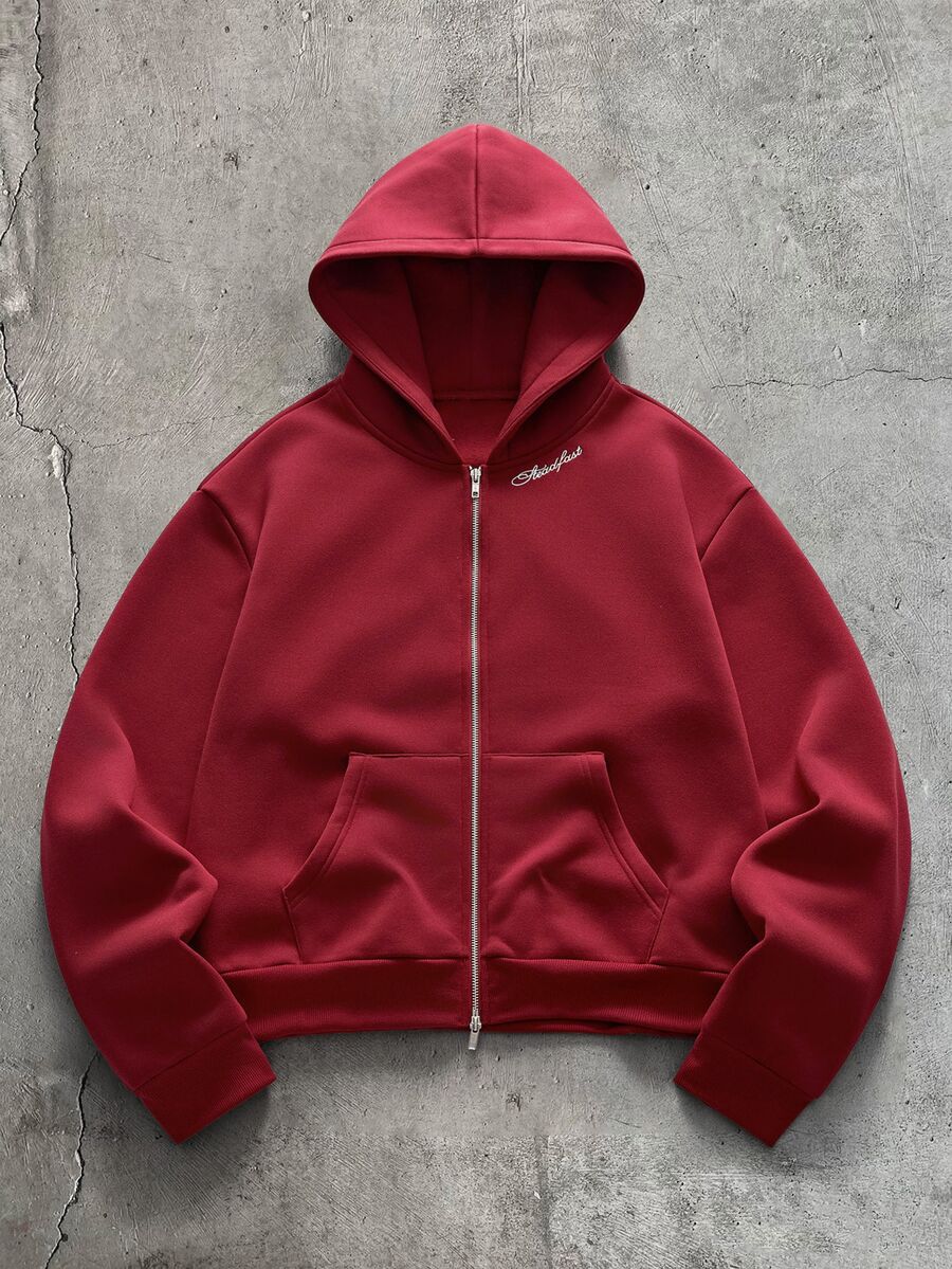 AXEPEAK Men's Letter Print Long Sleeve Zip-Up Casual Hoodie - Burgundy - View 1