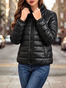 Editum Women's Winter Padded Coat With Pockets And Zipper Long Sleeve - Black - View 6