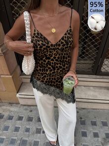 Aloruh 女款優雅性感對比蕾絲下擺 95%棉背心，優雅豹紋印花背心上衣，派對上衣，外出上衣 - 棕色 - 查看 5