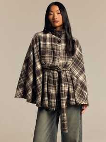 COSMINA Women's Woolen High Neck Cape Style Cinched Waist Waist Brown & Light Color Plaid Pattern Autumn/Winter Outfit For Going Out - Multicolor - View 7