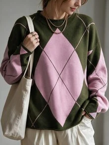 GlowEve CURVE Plus Size Fashion Vintage Jacquard Colorblock Pullover Sweater - Multicolor - View 6