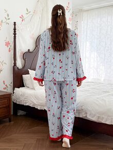 CottageSlumber Plus Size Women's Striped Floral Print Long Sleeve & Long Pants Pajama Set, Ruffle Trim, Romantic Pastoral Style, Comfortable Home Sleepwear Set - Blue - View 2
