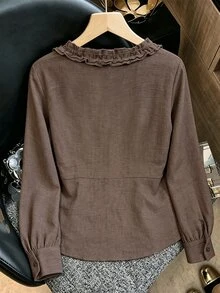 Franclia Women's Long Sleeve Ruffle V-Neck Blouse, Elegant Casual Commute Vacation Style - Coffee Brown - View 2