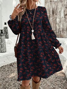 SHEIN VCAY Casual Minimalist Ditsy Floral Pattern Loose Round Neck Plus Size Dress Suitable For Autumn/Winter - Multicolor - View 1