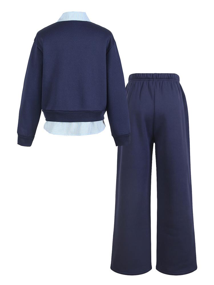 SHEIN Girls' Navy Blue 2 In 1 Striped Polo Collar Half-Button Long Sleeve Sweatshirt + Straight Leg Wide Leg Pants 2-Piece Casual Set, College Style Colorbl - Multicolor - View 2
