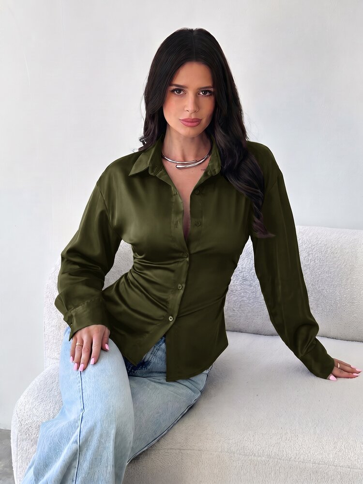 Firerie Women's Long Sleeve Shirt, Back Cinched Waist Shirt, Daily Commute Night Out Shirt, Vacation Shirt, Spring Summer Autumn Winter Clothing, Elegant Sexy - Army Green - View 3