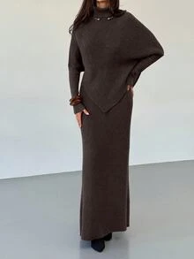 Aloruh Burgundy Knitted 2pcs Set New Autumn - Coffee Brown - View 3