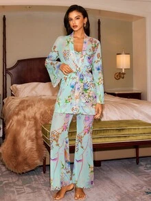 Slumberist Sweet Floral Frill Trim Camisole Set With Waist Tie, Long Sleeve Robe And Wide Leg Pants, 3 Pieces Loungewear - Green - View 7