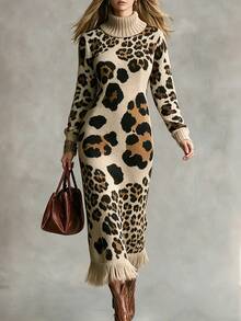 SHEIN Turtleneck Leopard Print Knit Dress, Women Long Sleeve Bodycon Midi Sweater Dress With Fringe Hem - Multicolor - View 2