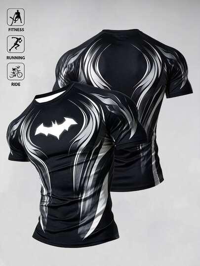BATMAN X SHEIN Men's Bat Print Raglan Short Sleeve Sports T-Shirt