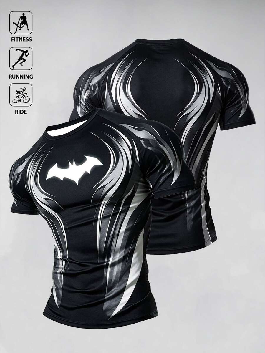 BATMAN X SHEIN Men's Bat Print Raglan Short Sleeve Sports T-Shirt - Multicolor - View 1