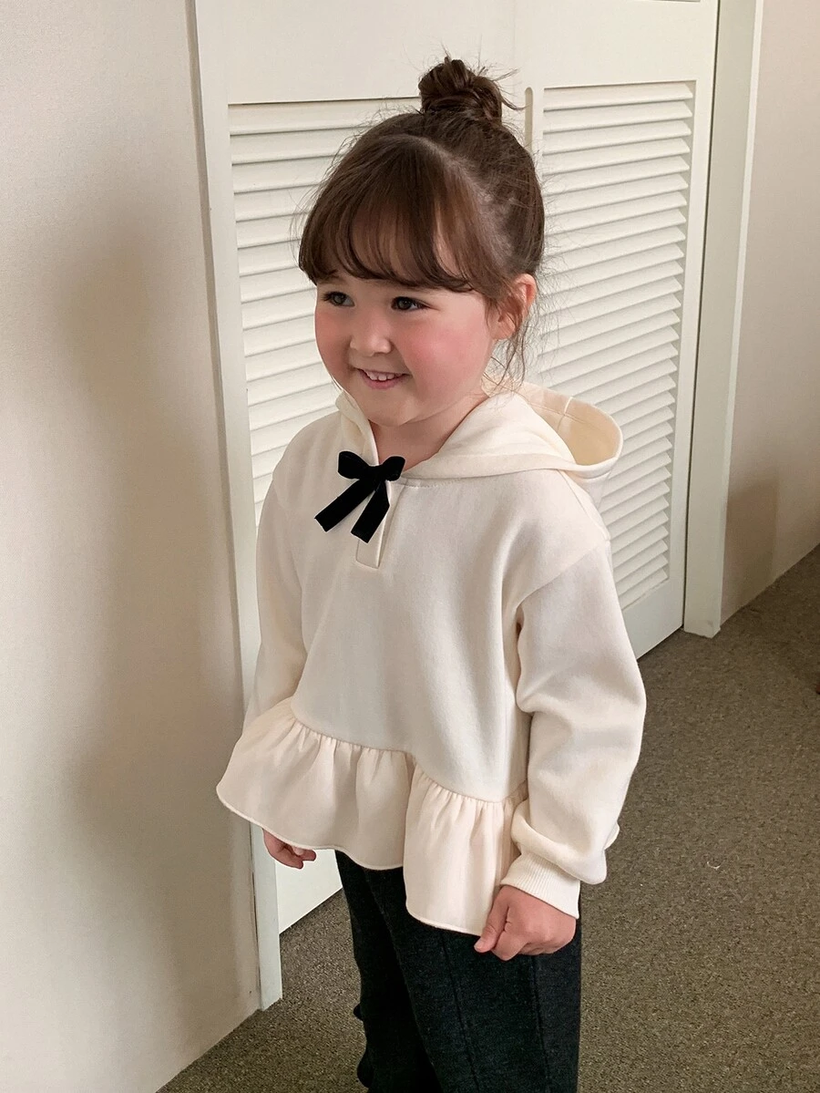 DAZY Infant (Girl) Solid Color Bow Hooded Long Sleeve Sweatshirt Winter - White - View 1