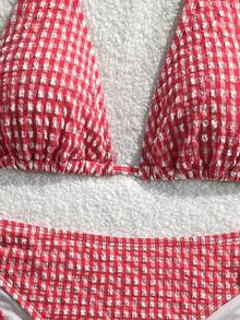 Swim Basics 女款紋理格紋掛脖綁帶性感比基尼兩件式泳衣套裝 - 紅色 - 查看 6