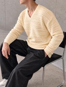 TONEVAULT Men's V-Neck 3D Horizontal Striped Knit Sweater, Old Money Style Textured Drop Shoulder Long Sleeve Casual Versatile Pullover, Autumn/Winter - Apricot - View 6