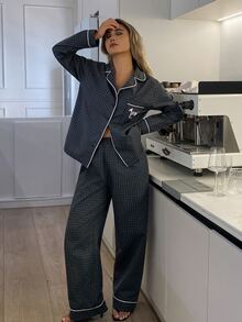 DAZY Women's Plaid Colorblock Long Sleeve Top And Pants Casual Daily Home Sleepwear Set - Green - View 6