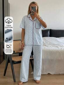 DAZY 2pcs/Set Women's Polka Dot All-Over Print Short Sleeve Cardigan Top & Straight Leg Long Pajama Pants Sleepwear Set - Blue - View 3