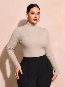 SHEIN SXY 大尺碼女款卡其色高領修身T恤，休閒極簡風，適合春秋穿著 - 杏色 - 查看 2