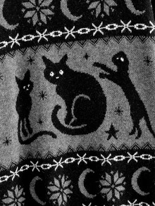 ROMWE Sweater Pullover Ukuran Besar Serbaguna Gaya Gothic Gelap Motif Kucing Hitam Misterius untuk Wanita, Musim Gugur/Musim Dingin - Hitam - View 4