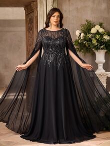 Aureia Plus Size Elegant Glamorous Black Sequin Embroidered Patchwork Chiffon Round Neck Water Sleeve Burnout Print Exquisite Craftsmanship Ruched A-Line Hem Evening Gown Suitable For All Formal Occasions (Heavy Work Design) - Black - View 4