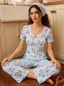 Tulorae Romantic Pastoral Print Lace Trim Short Sleeve Long Pants Women's Pajama Set - Multicolor - View 5