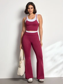 Eassivo Women's Colorblock Top And Leggings Casual Daily Sports Set - Burgundy - View 4
