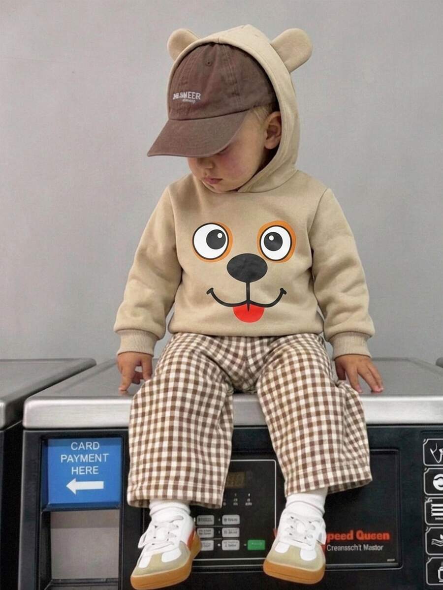 Young Boy Cartoon Pattern Knit Soft Hooded Long Sleeve Pullover Sweatshirt - Multicolor - View 1