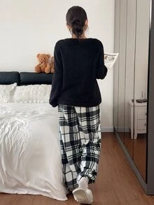 Napfluff 2 قطعة/مجموعة ملابس نوم منزلية بتصميم بسيط: ملابس علوية طويل الأكمام بطبعة دب وبنطال مربعات - الأسود - مشاهدة 2