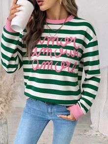 SHEIN LUNE 女款休閒字母條紋拼接色塊運動衫，適合秋冬穿搭 - 白色 - 查看 4