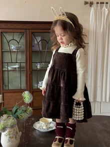 DAZY Infant/Toddler (Girl) Solid Color Autumn/Winter Layered Korean Style Casual Pinafore Dress - Coffee Brown - View 7