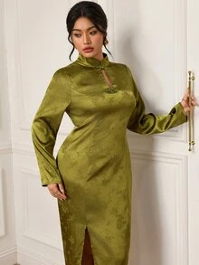 EastFlair Plus Size Elegant Elegant Frog Button Side Slit Dress - Green - View 2