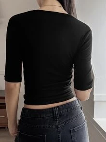 DAZY Women's V-Neck Half Sleeve Base Layer T-Shirt - Black - View 3
