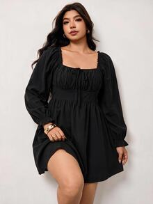 Enliva Gaun Hitam Lengan Panjang Kasual Ukuran Plus untuk Wanita, Sempurna untuk Kencan, Bentuk Tubuh Apel dan Bulat - Hitam - View 3