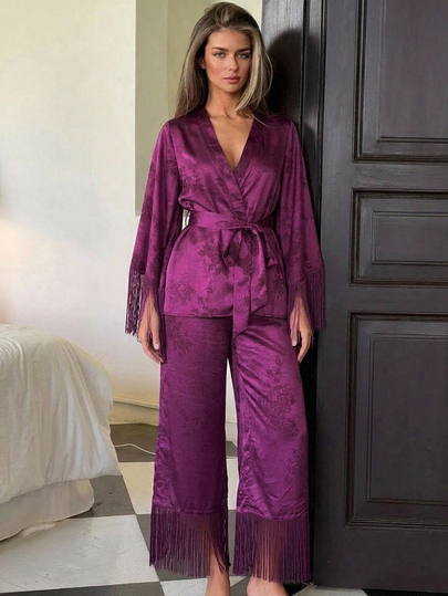 DAZY 2pcs/Set Women's Pajama Set, Tassel Patchwork V-Neck Cardigan Long Sleeve Top And Straight Leg Long Pants