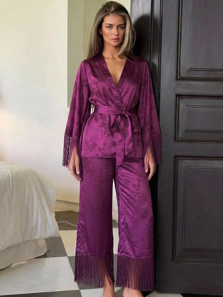 DAZY 2pcs/Set Women's Pajama Set, Tassel Patchwork V-Neck Cardigan Long Sleeve Top And Straight Leg Long Pants - Purple - View 1