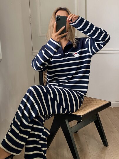 DAZY Women's Striped Colorblock Long Sleeve Top And Loose Long Pants Pajama Set