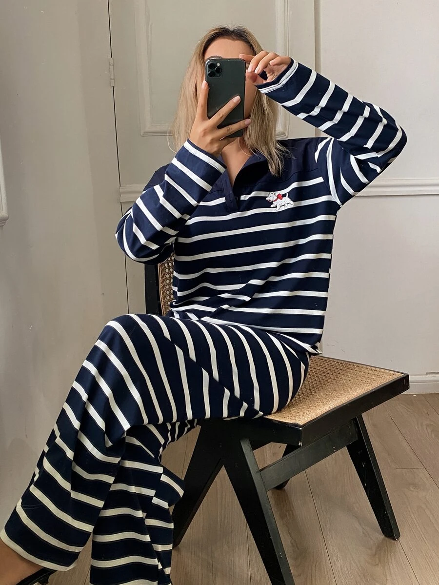 DAZY Women's Striped Colorblock Long Sleeve Top And Loose Long Pants Pajama Set - Navy Blue - View 1