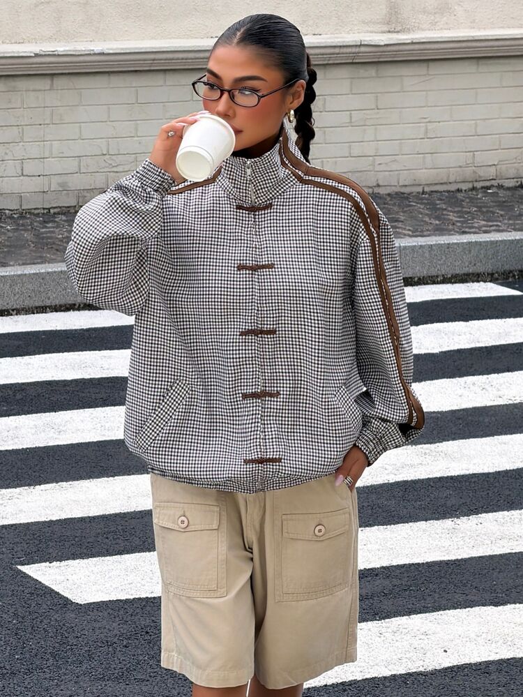 Muchica Brown Plaid Checkerboard Patchwork Webbing Buckle High Neck Jacket, Elegant Casual Fashion Commuter Jacket For Autumn/Winter, Suitable For Outings And Gatherings, Women's Commuter Jacket, Party, Graduation, Outing, Date, Commute, Valentine's Day, Elegant, Y2K - Multicolor - View 5
