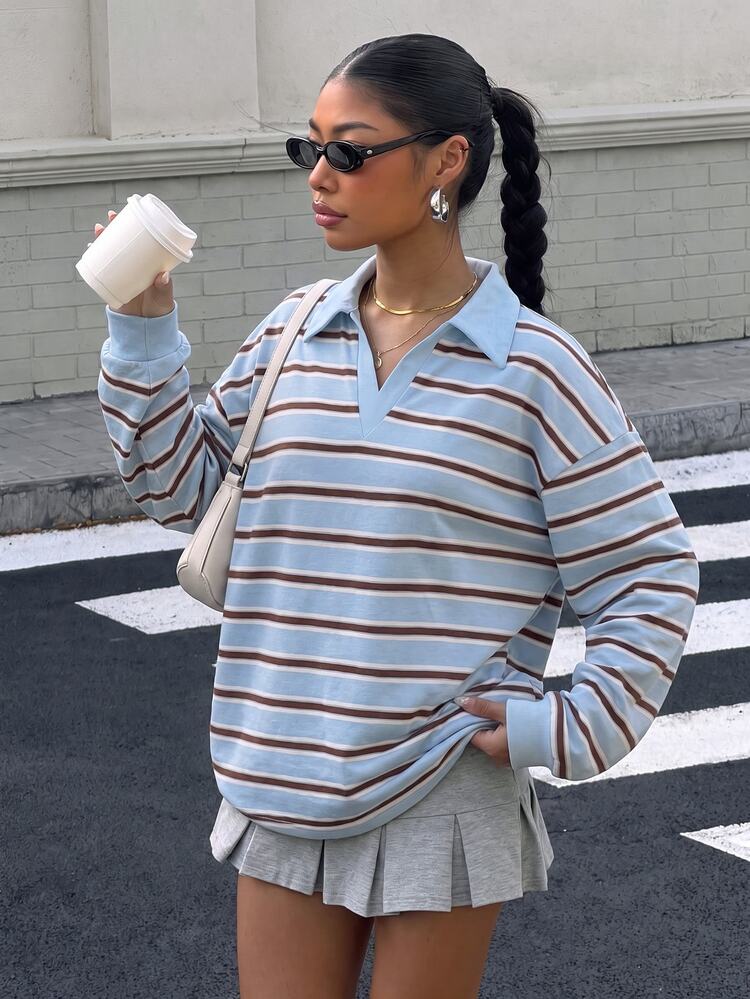 Muchica Women's Striped Casual Versatile Everyday Long Sleeve Sweatshirt - Blue - View 1